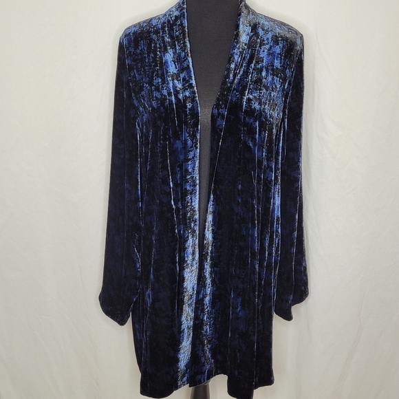 Eileen Fisher Midnight Blue Black Velvet Open Front Shawl Collar Jacket - Sz XL - Picture 4 of 13